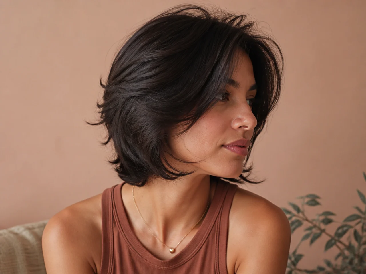 A short butterfly cut with lifted crown volume
