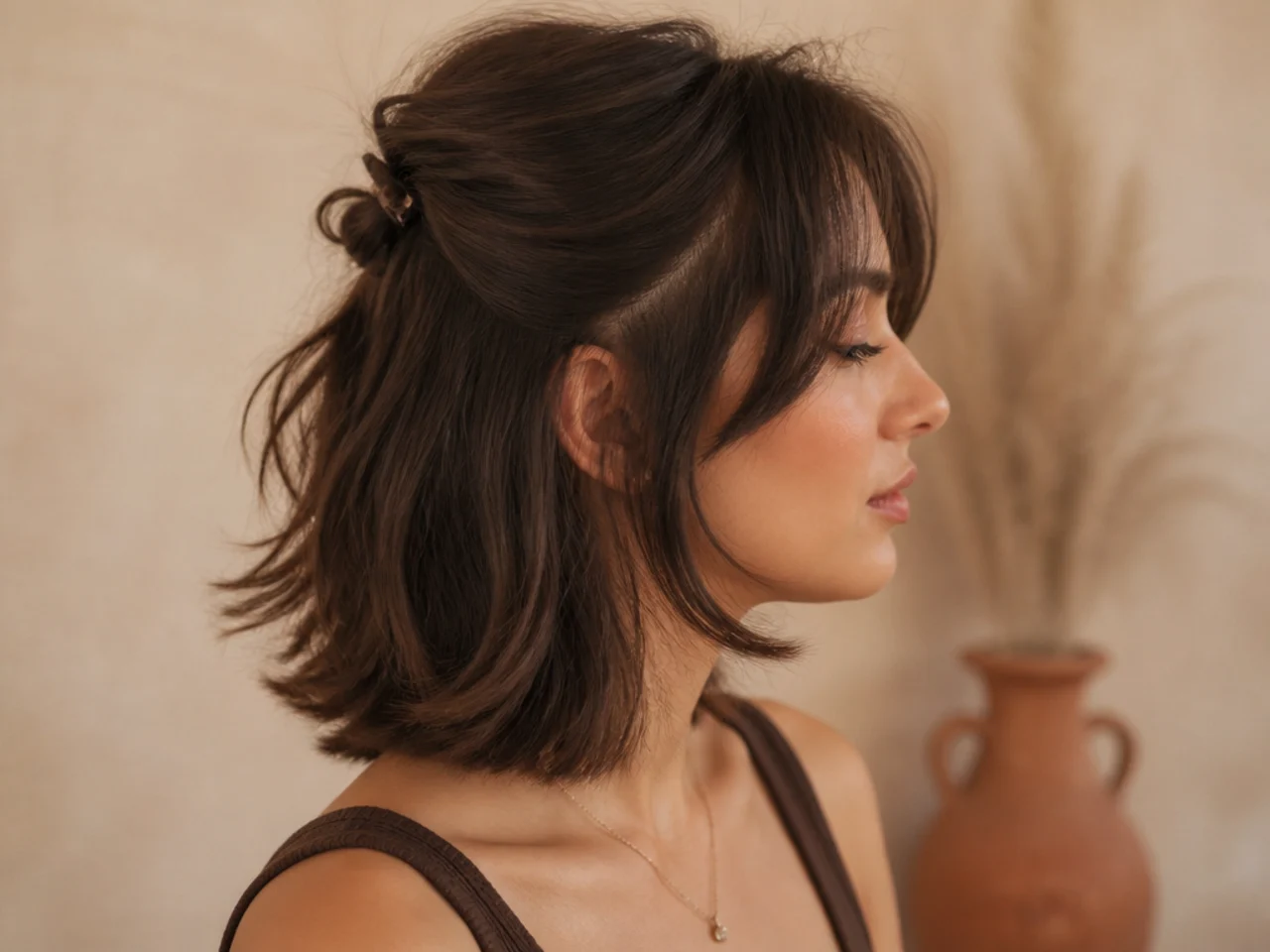 A short butterfly cut pinned half up