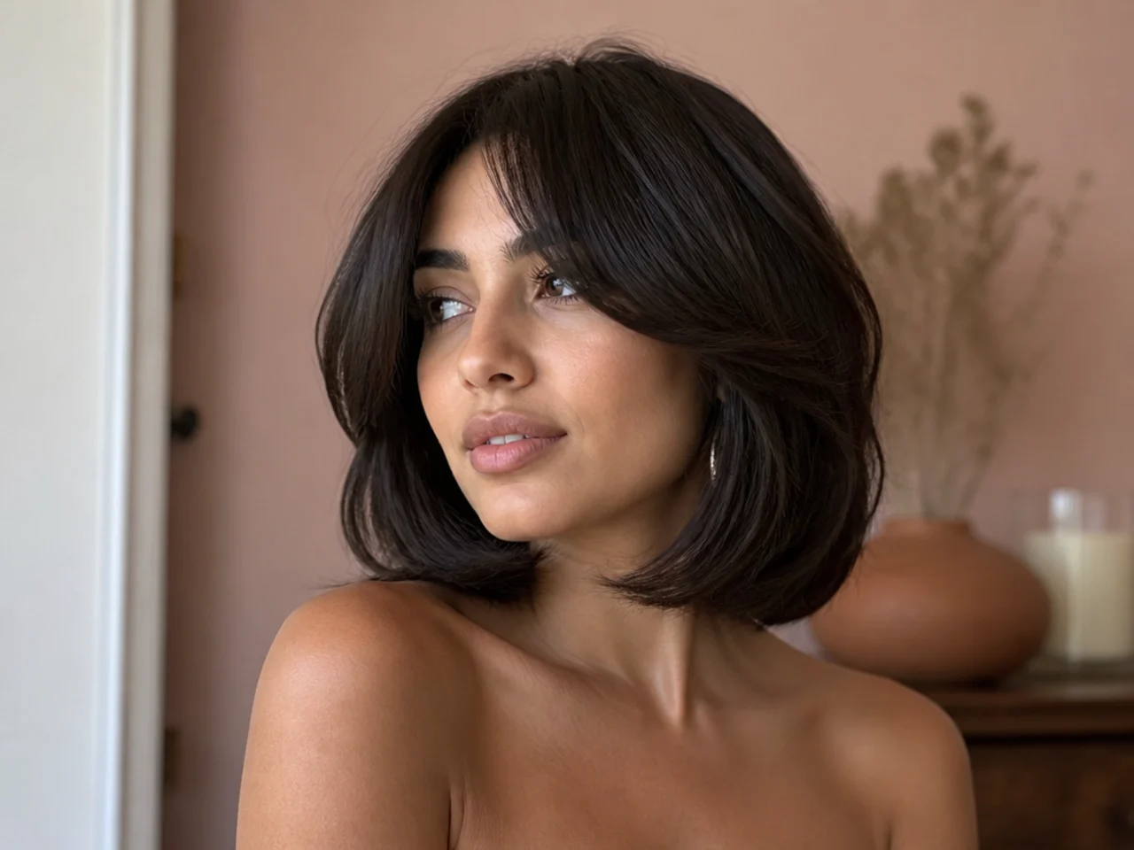 A butterfly bob with curtain bangs