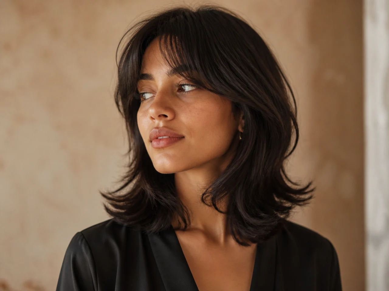 A butterfly lob with curtain bangs