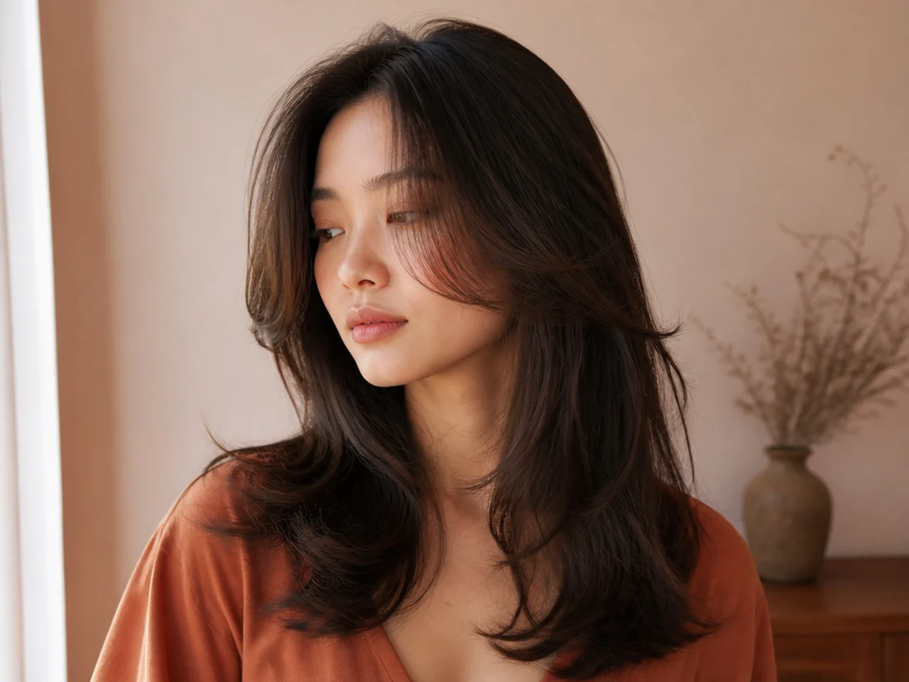 A butterfly cut on fine hair with a kept perimeter