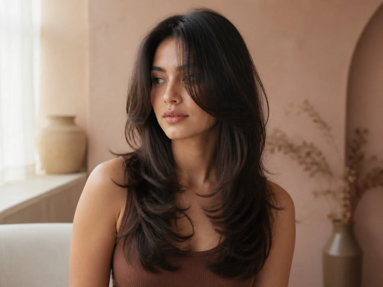 A butterfly cut on thick hair with internal weight removed