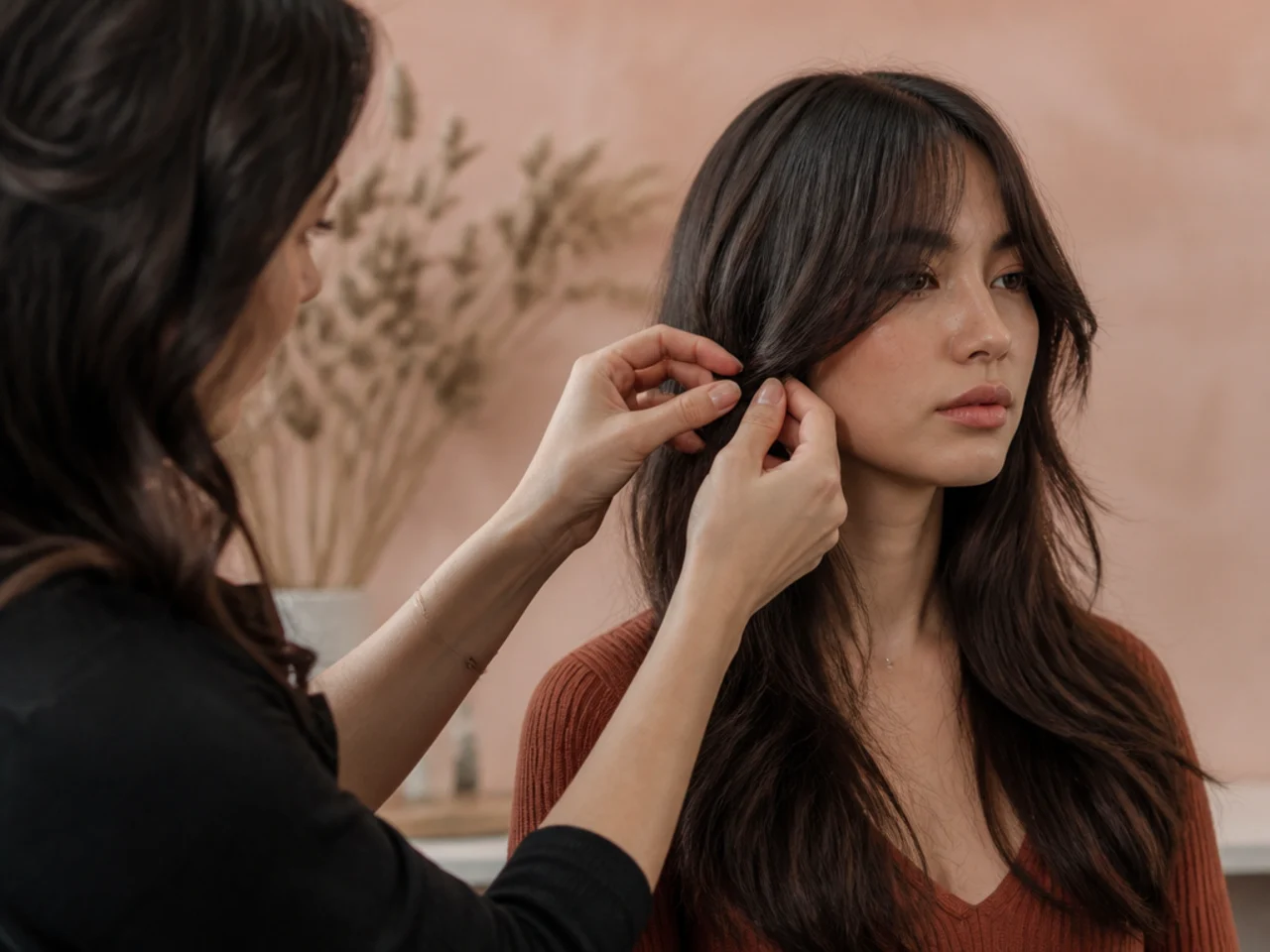 A stylist setting the split point of curtain bangs at the cheekbone