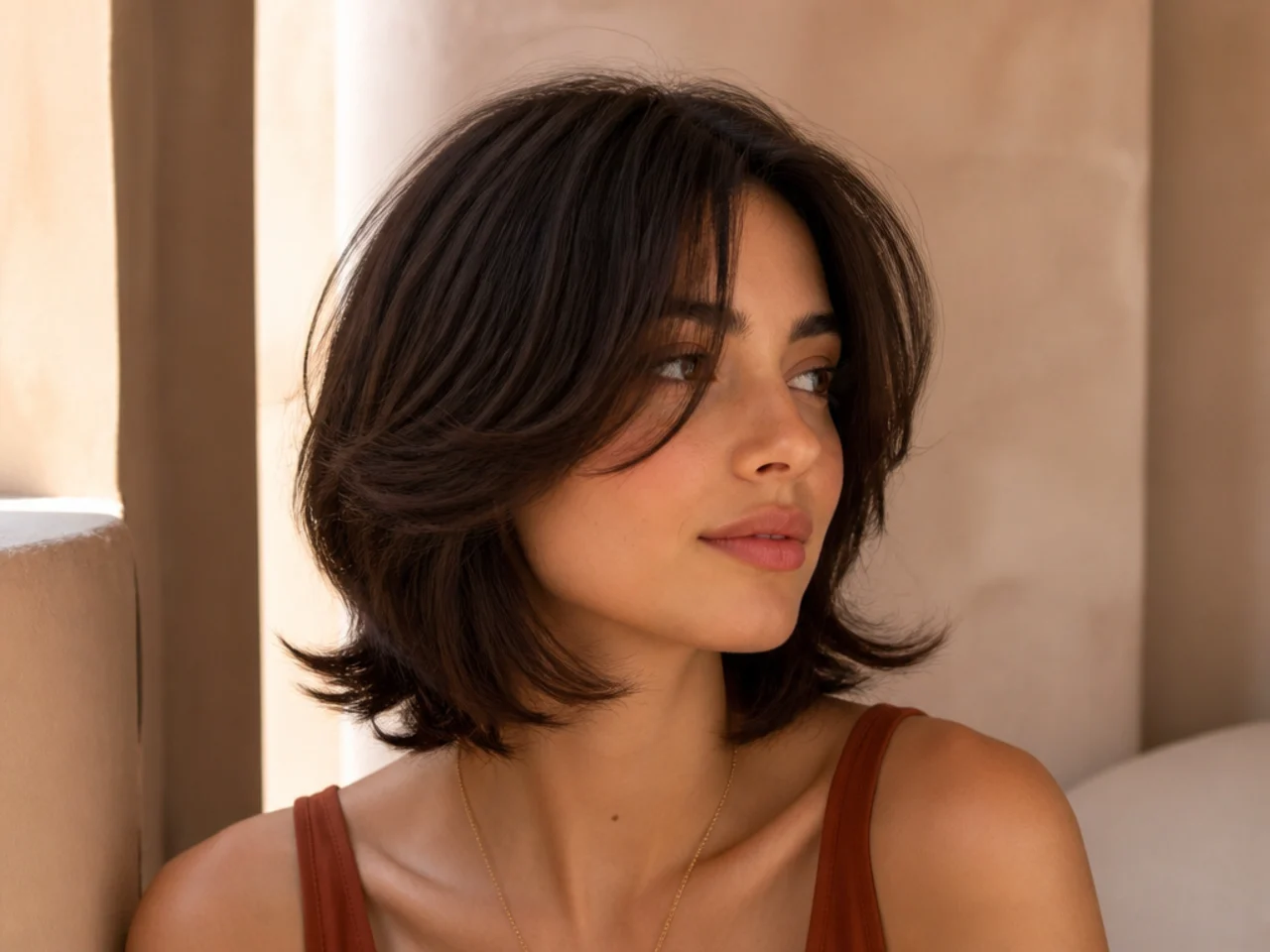 Three quarter view of a short butterfly cut with curtain bangs