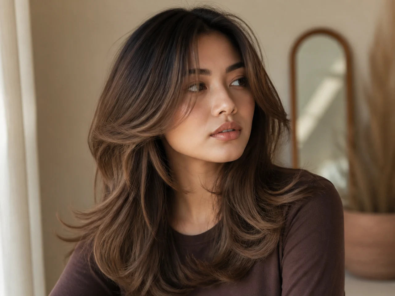 A butterfly cut with a deliberately darker root melting into lighter lengths