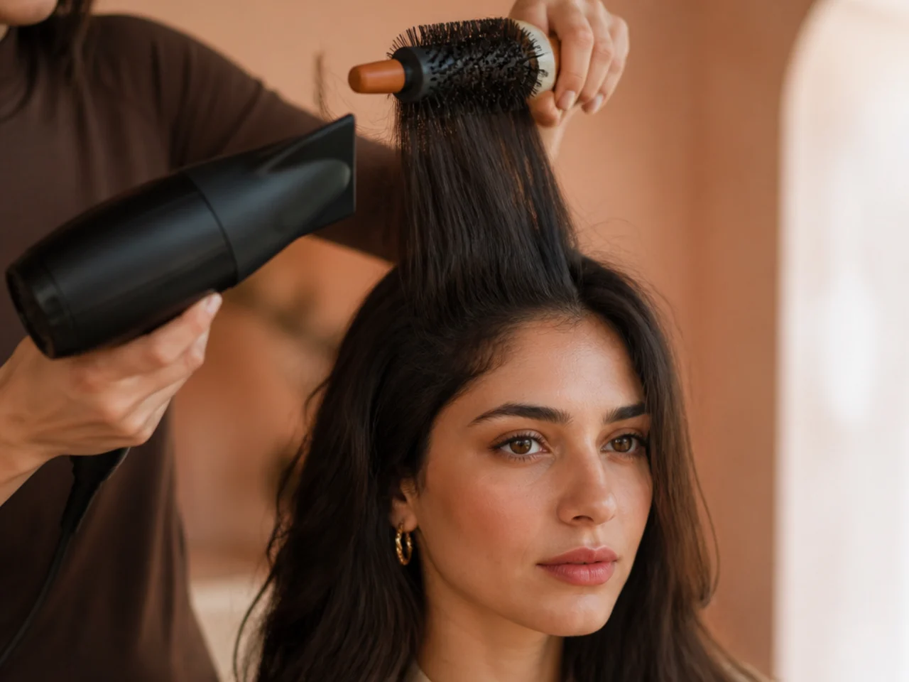 A round brush lifting the crown section straight up while drying