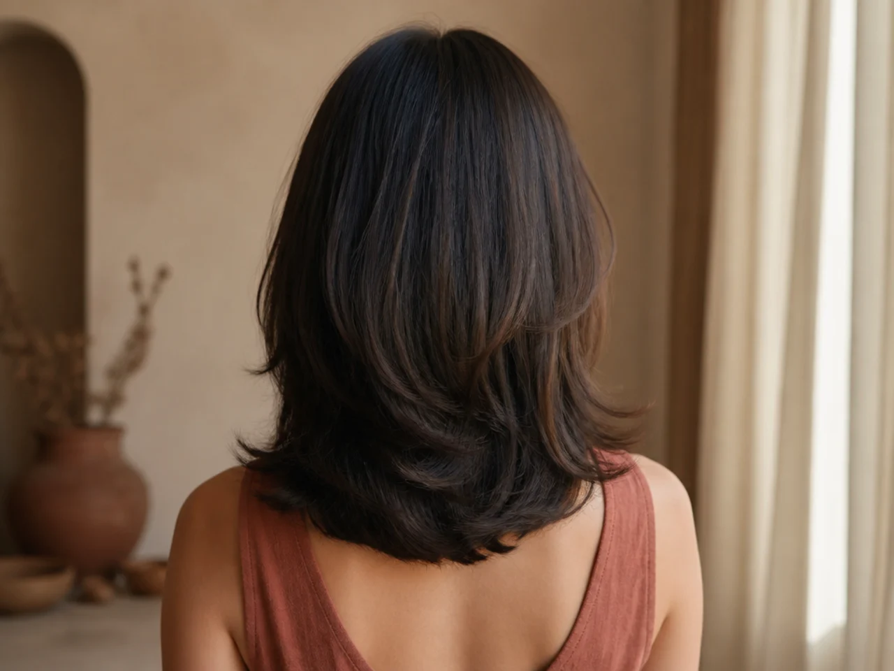 A gently rounded hem on a short butterfly cut seen from behind