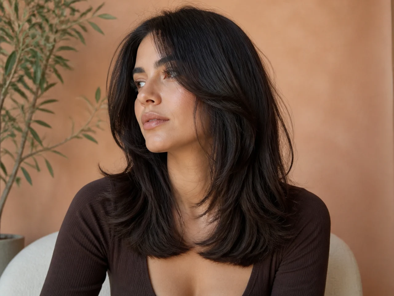 A blunt one length hem under a layered butterfly cut