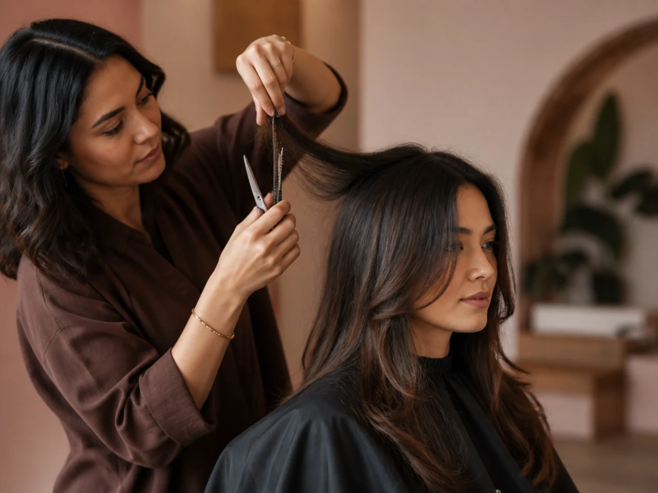 A stylist lifting an interior section to cut a layer without touching the outline