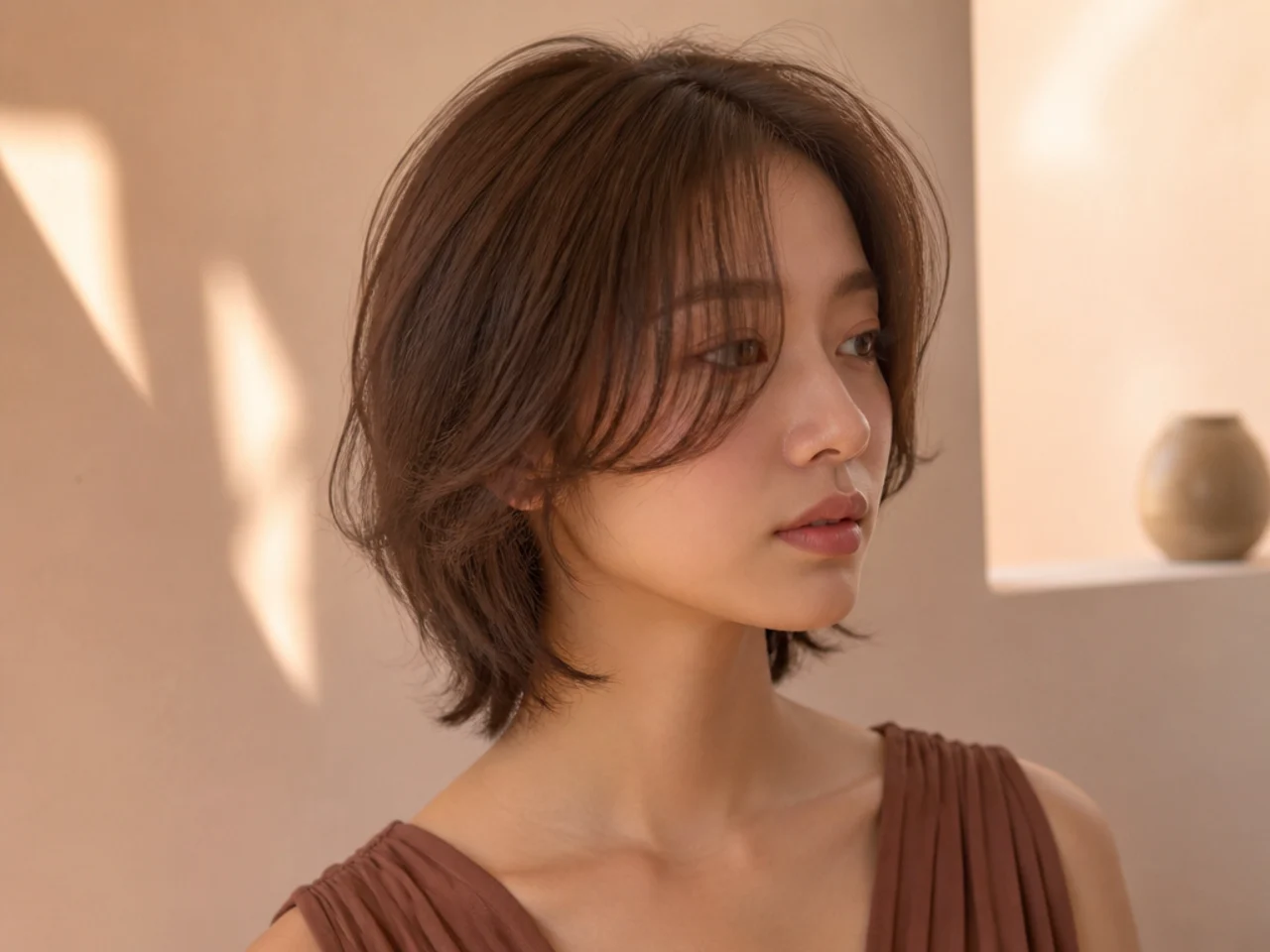 Three quarter view of a short layered butterfly cut on fine hair