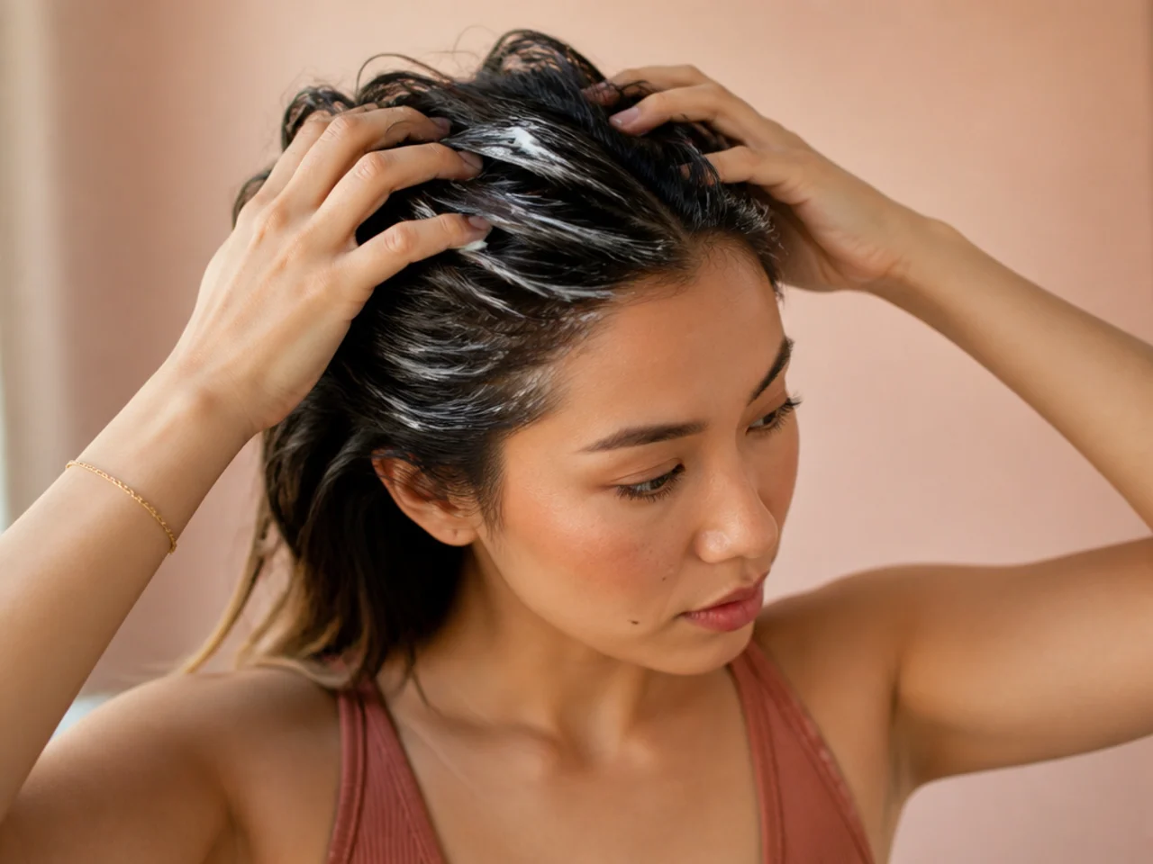 Mousse worked into the roots of fine hair before blow drying