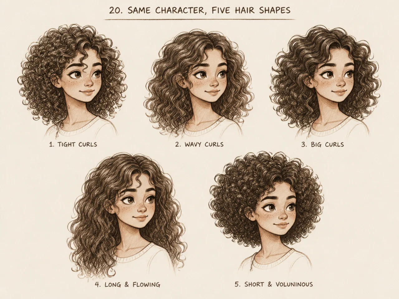 One character drawn with five different hair silhouettes