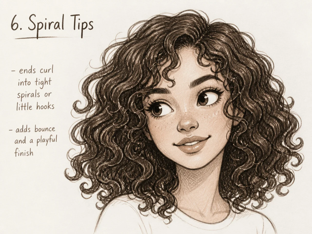 Cartoon hair with spiral-hooked tips