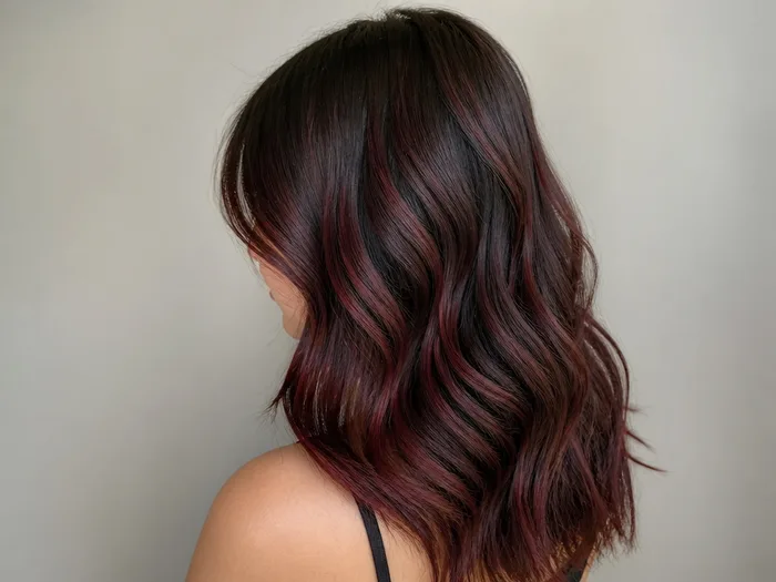Cherry cola balayage with hand-painted red brown ribbons