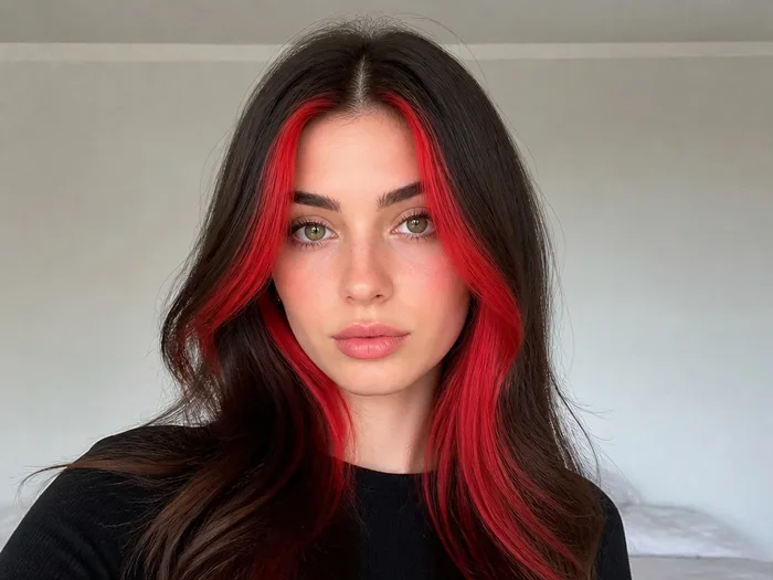 Cherry cola hair with bright face-framing money piece