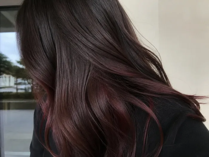 Cherry cola lowlights woven through dark brown hair