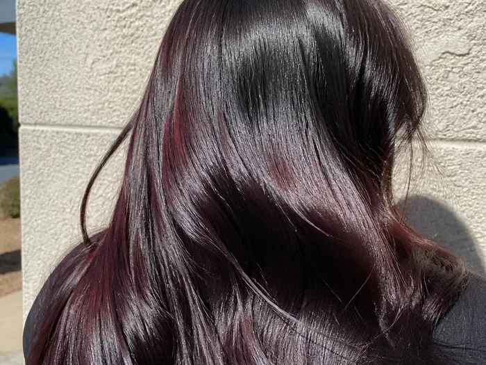 Cherry cola gloss on black hair with cherry shine
