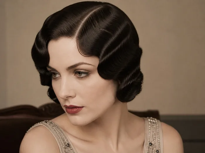 Finger waves Christmas hairstyle with deep side part