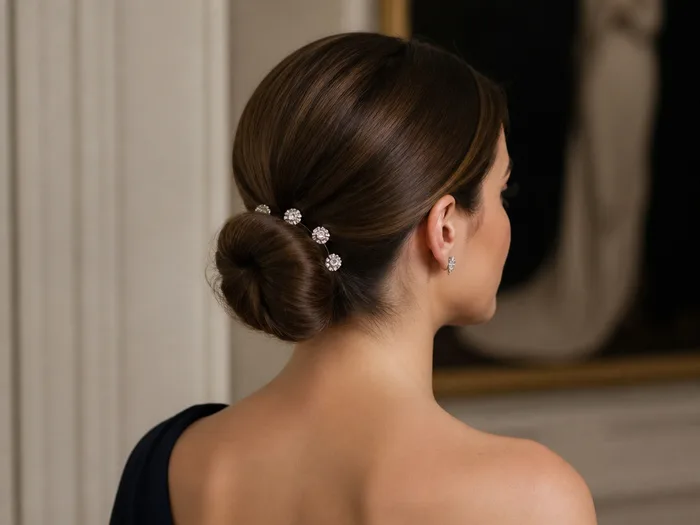 Sleek low chignon Christmas hairstyle with crystal pins