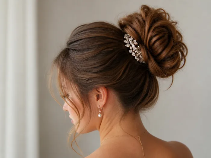 Textured top knot Christmas hairstyle with sparkle comb