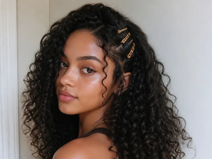 Defined curls Christmas hairstyle with gold clips