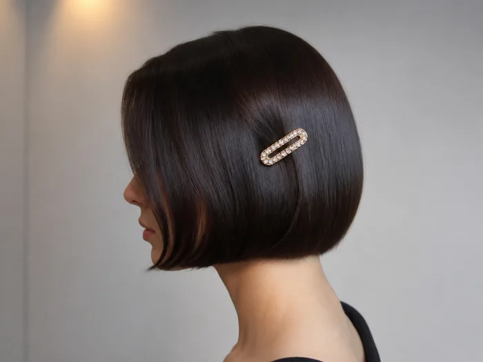 Sleek glass-shine bob Christmas hairstyle with jeweled barrette