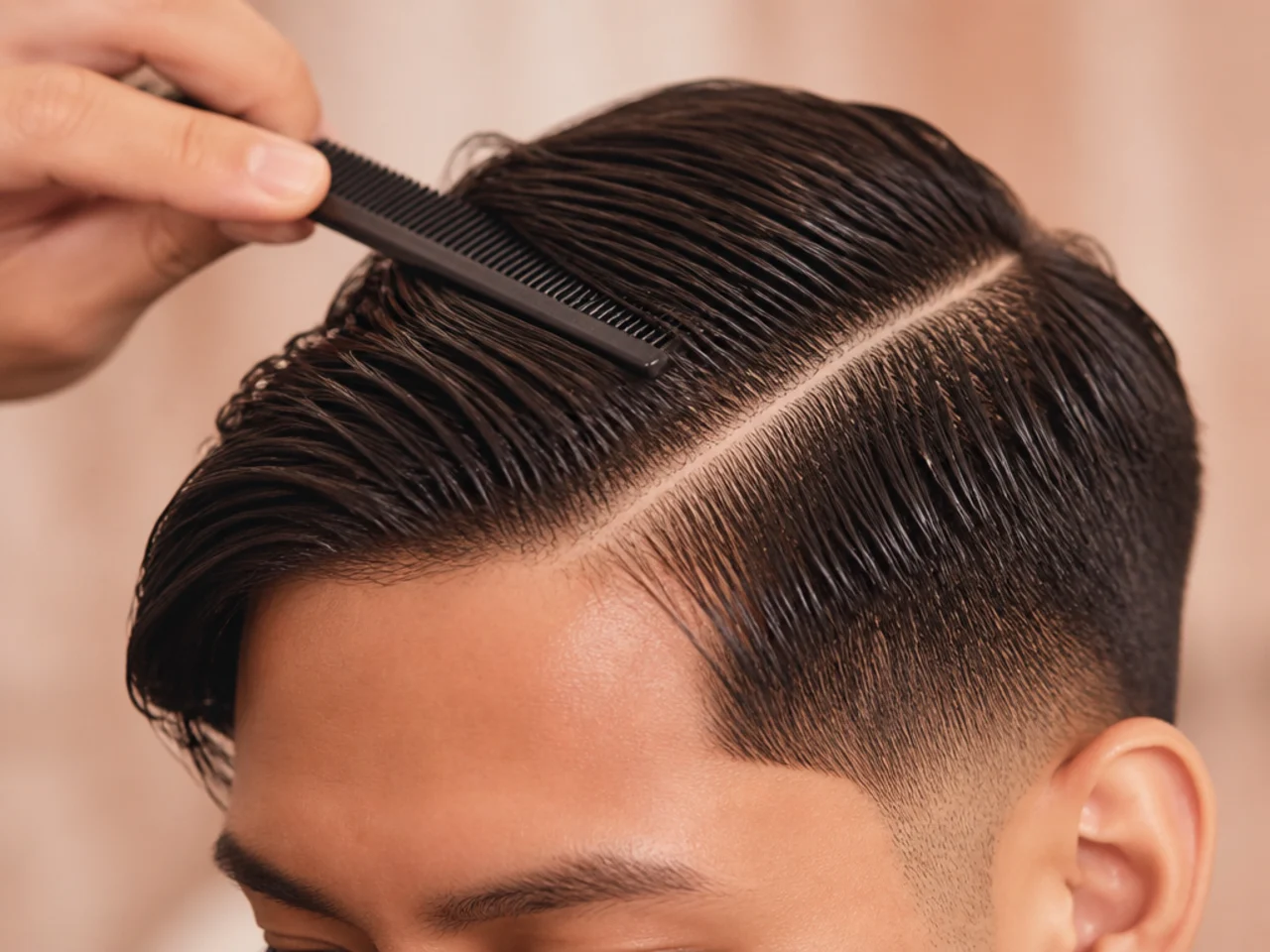 A comb setting a part on damp hair