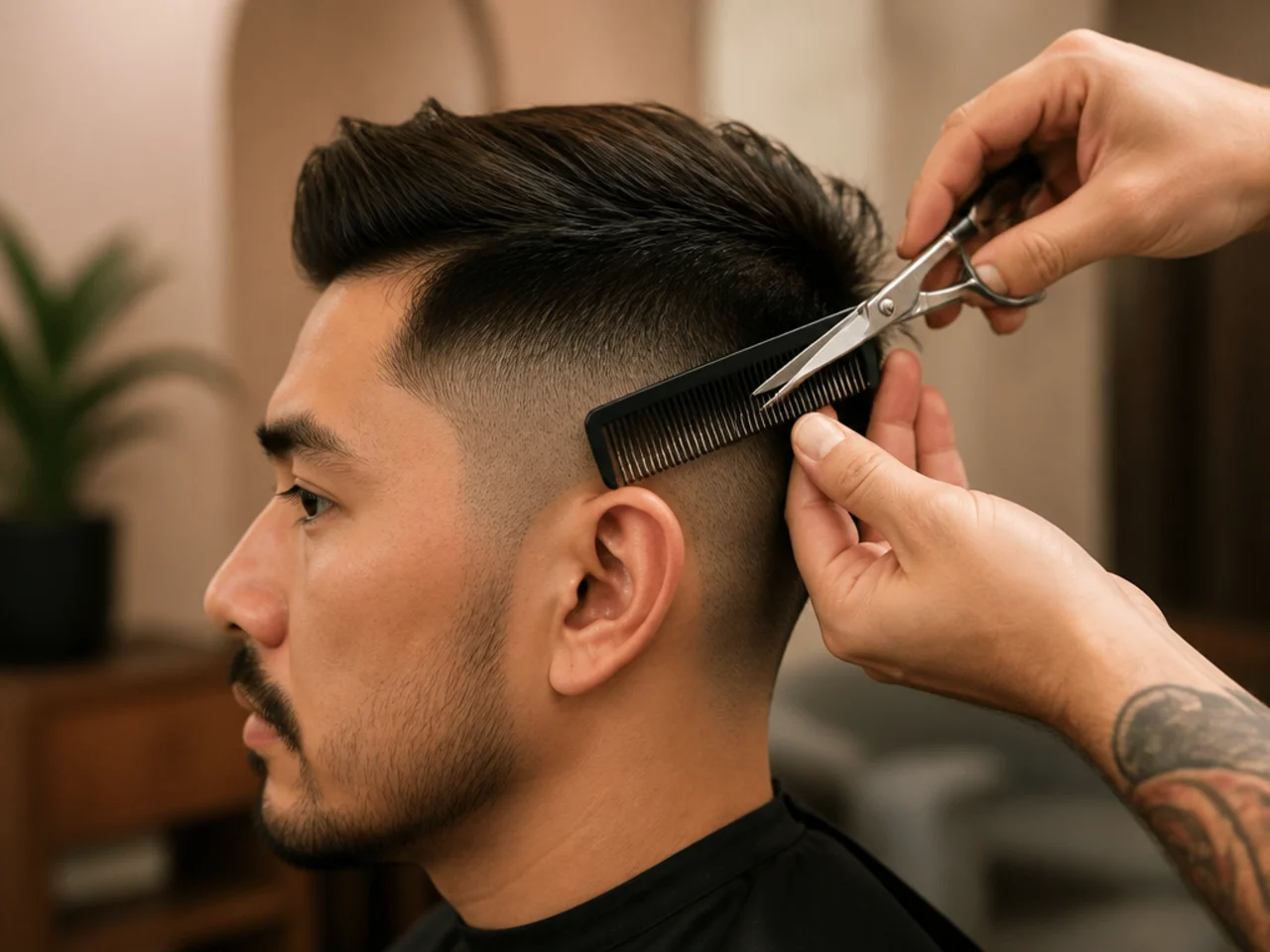 Scissor-over-comb graduation on the side of a head