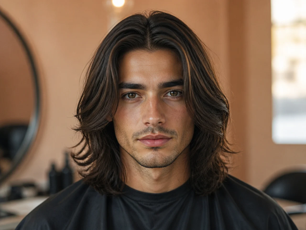 Man with long hair parted down the middle framing the face