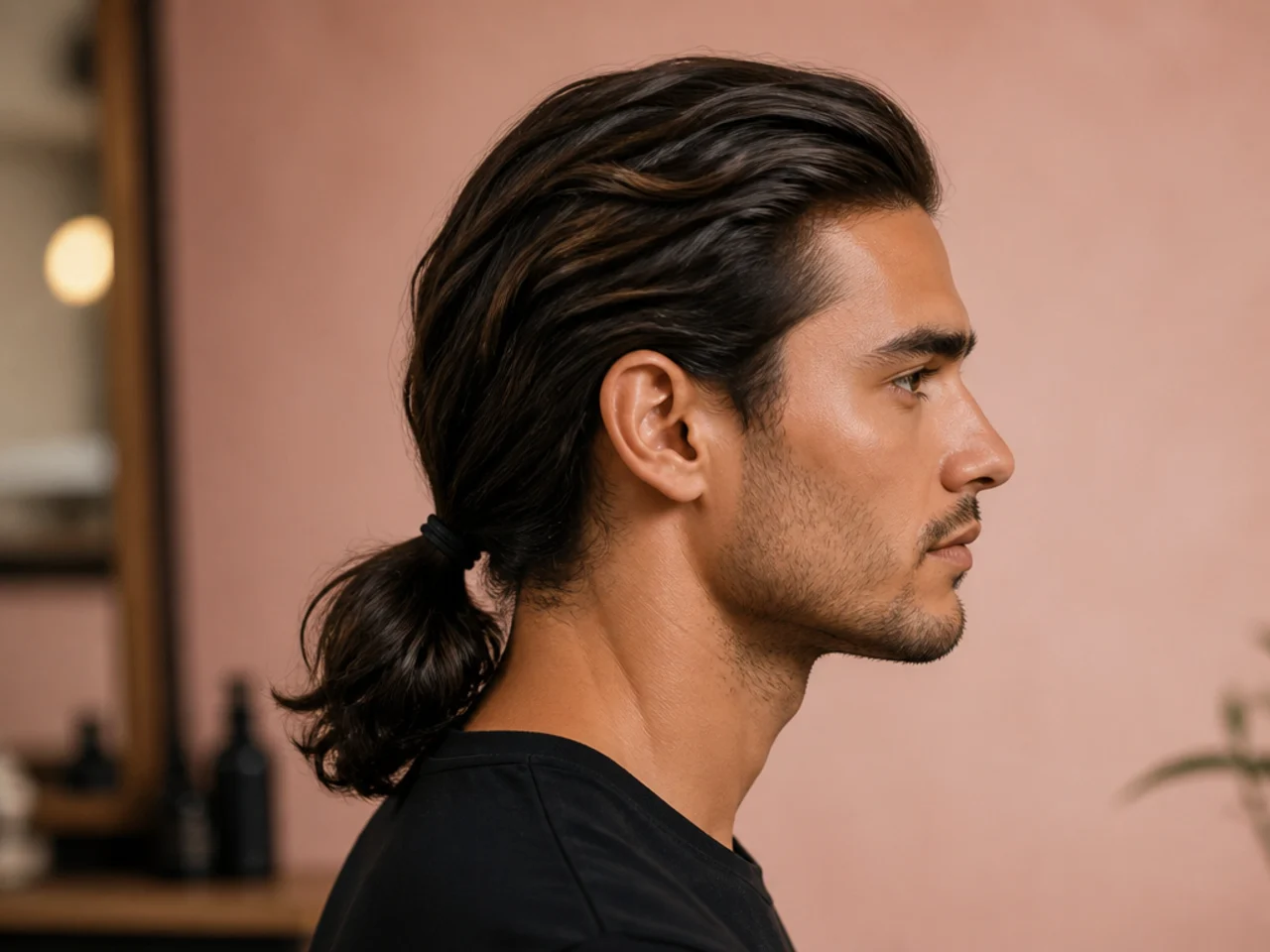 Classic low ponytail gathered at the nape on long men's hair