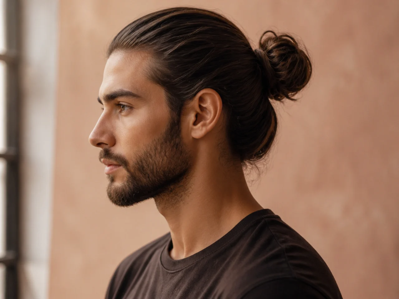 Classic man bun gathered at the crown on long hair