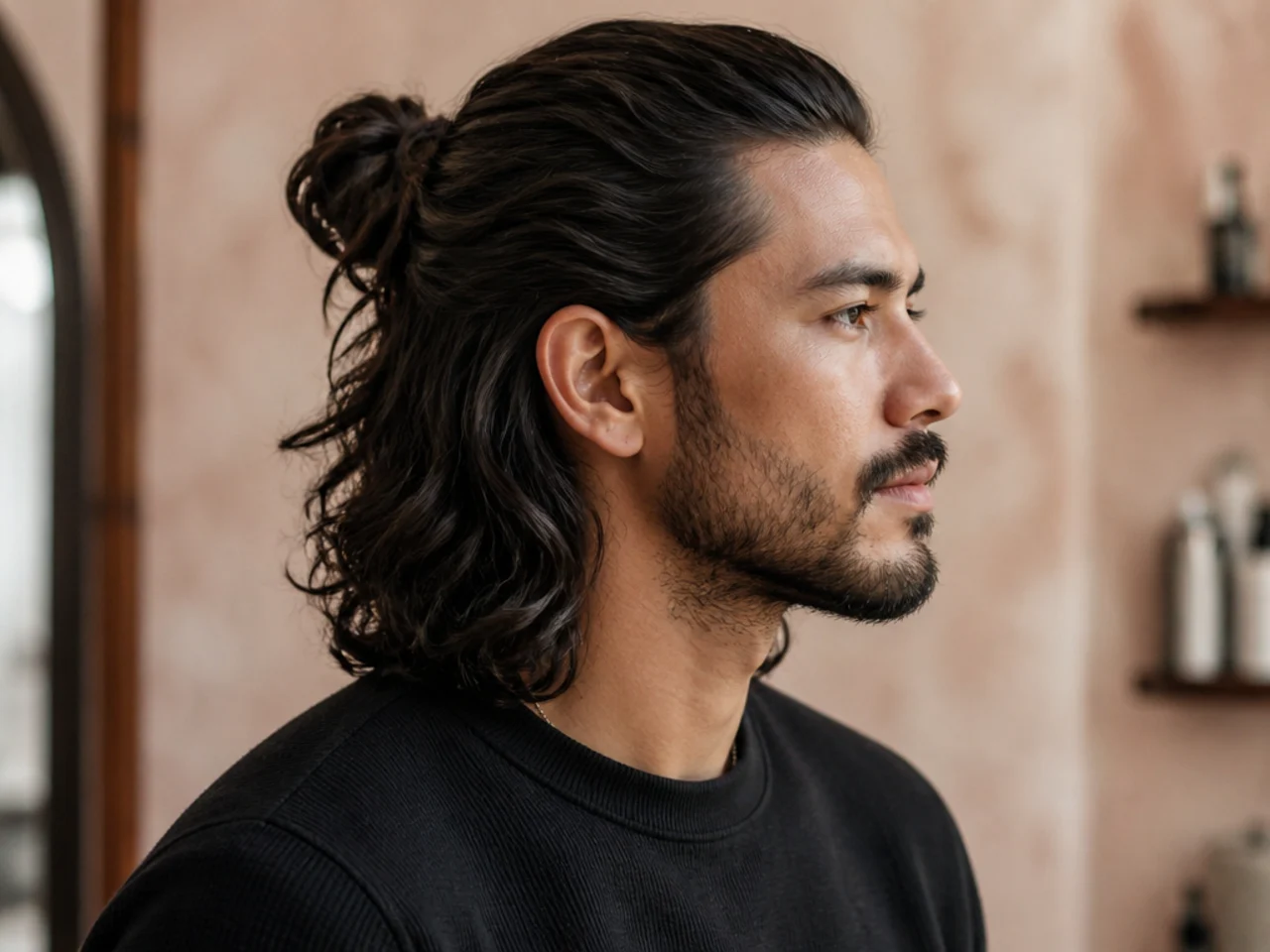 Half-up half-down long men's hairstyle with top pulled back into a small knot