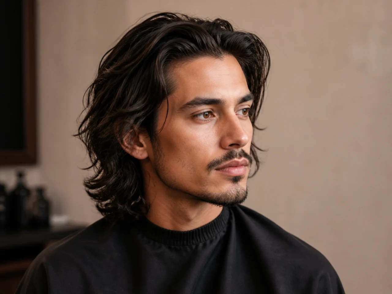 Barber consultation with a client showing a long classic hairstyle reference