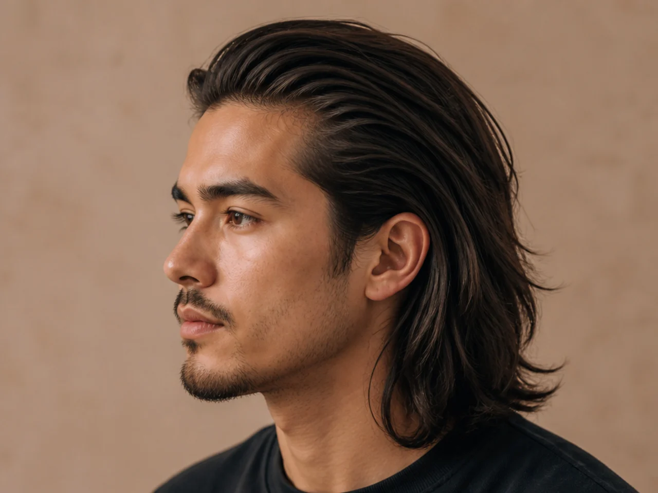 Long brushed back haircut with hair swept off the forehead without a defined part