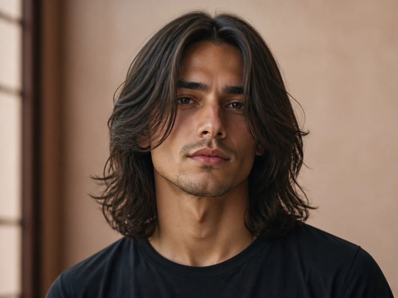 Long curtain haircut with soft face-framing bangs sweeping to the sides