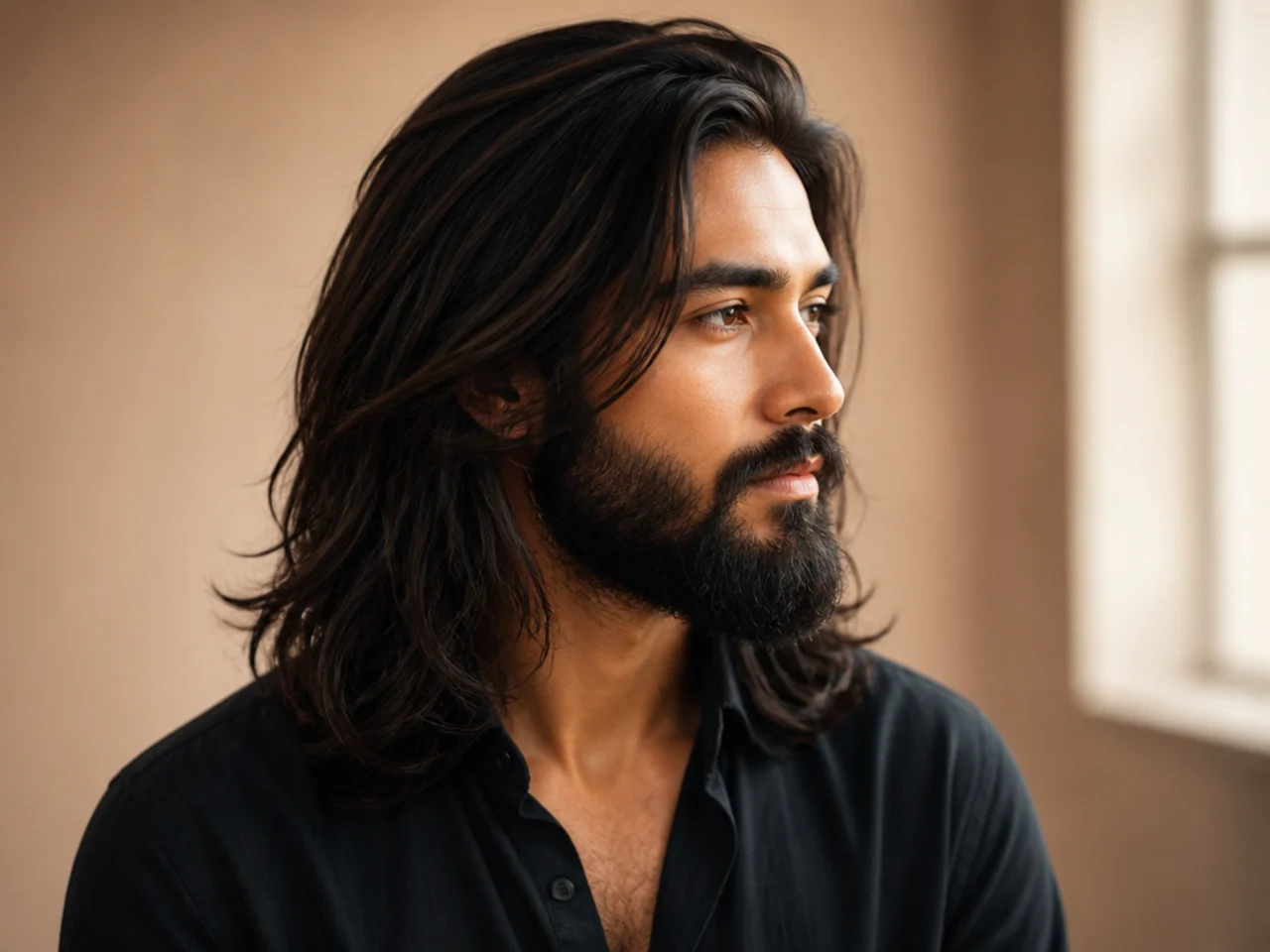 Long hair with full beard classic rugged pairing on a man