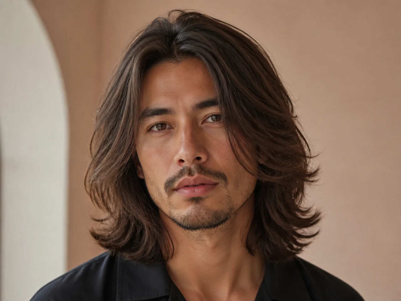 Long layered haircut with graduated face-framing layers on wavy hair