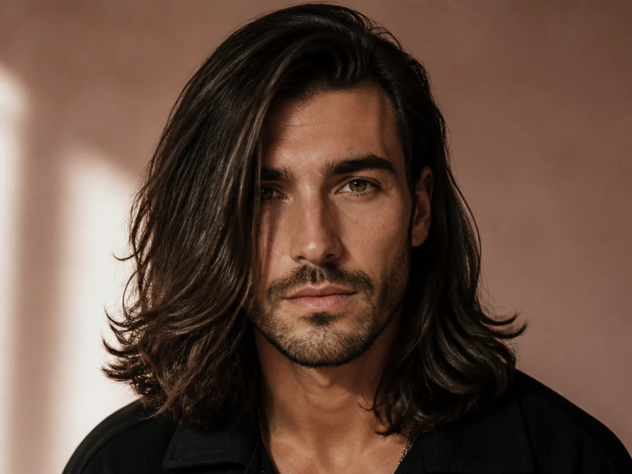 Long side part haircut with deep 1920s parting on collar-length hair