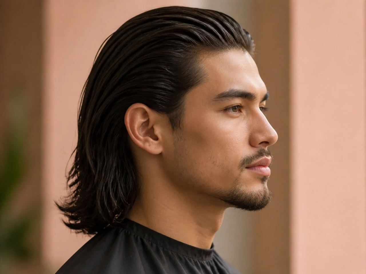 Long slick back haircut with hair combed straight back off the forehead