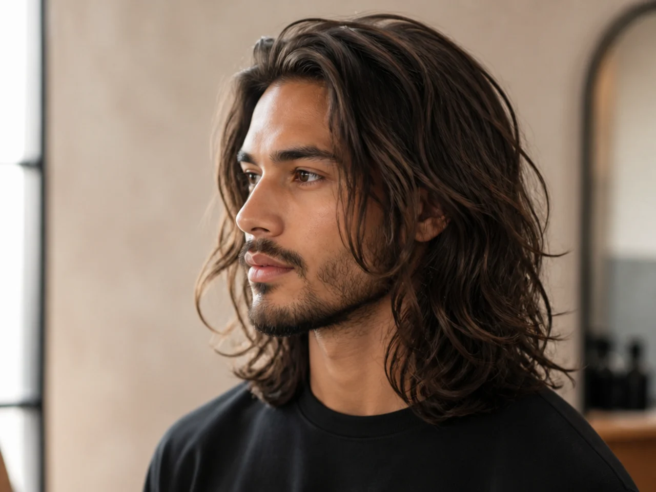 Long wavy layered haircut on men's 2B texture with soft movement
