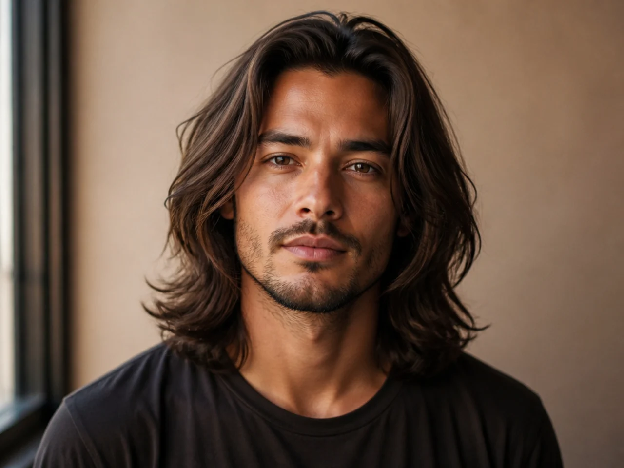Man with shoulder-length classic long haircut in one blunt length