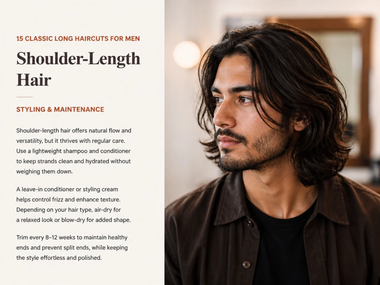 Styling products for long men's hair — sea-salt spray, wide-tooth comb, satin scrunchie, and firm pomade