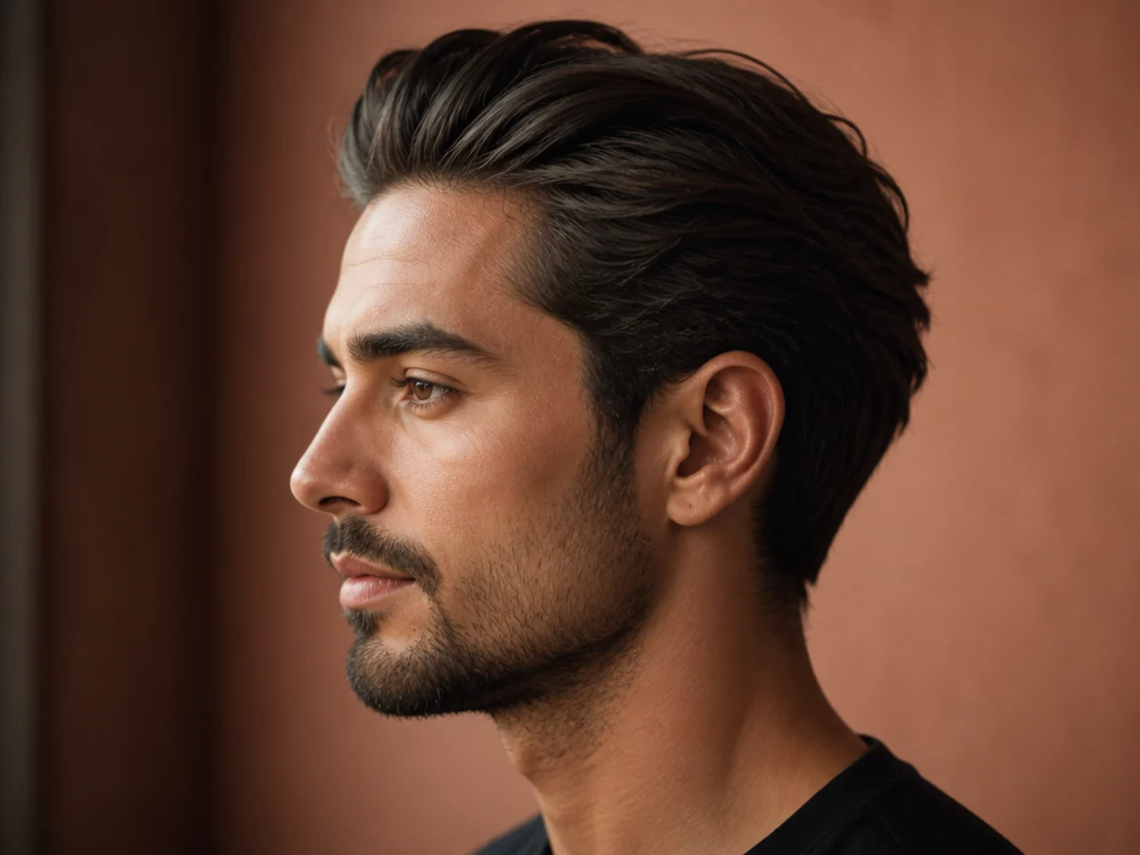 Brushed back haircut with hair swept off the forehead