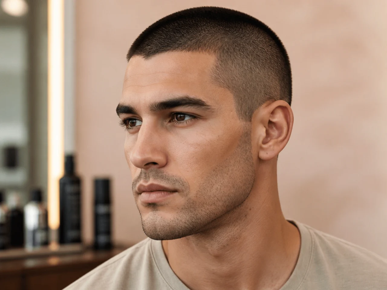 Uniform buzz cut on a man with a strong jawline