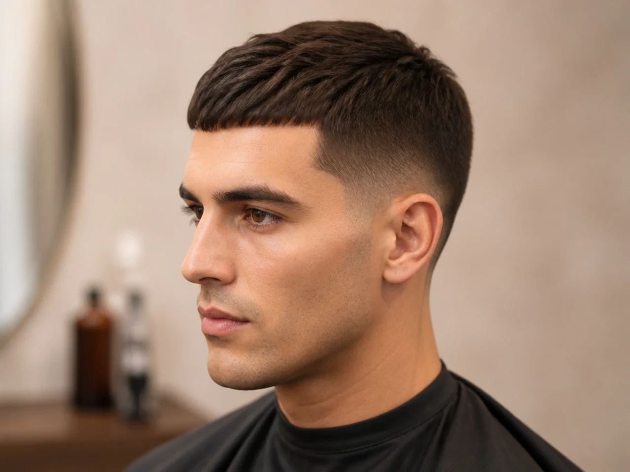 Classic caesar haircut with short blunt fringe forward