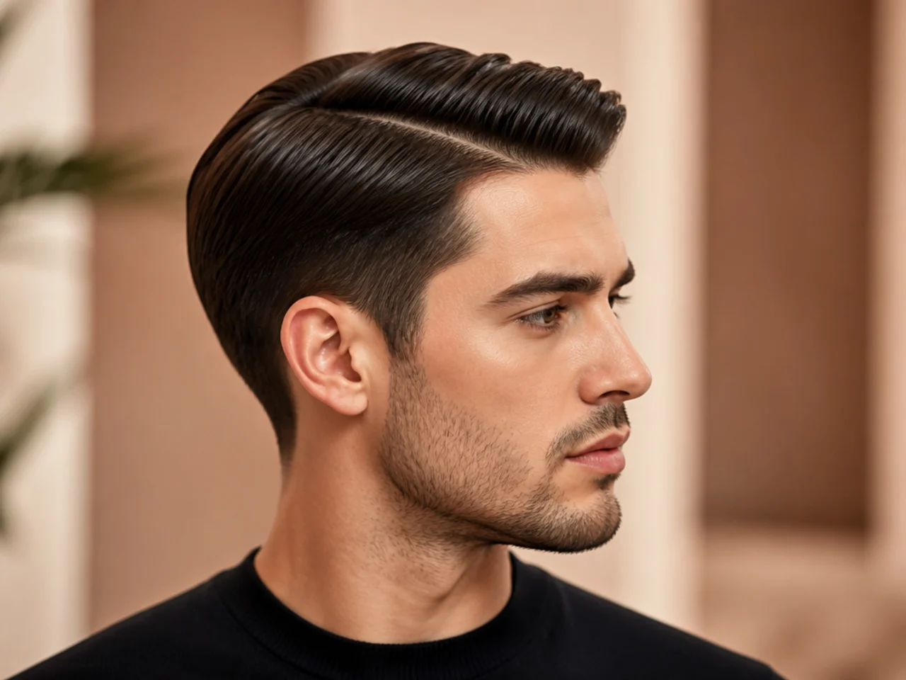Classic comb over haircut with defined part on brown hair