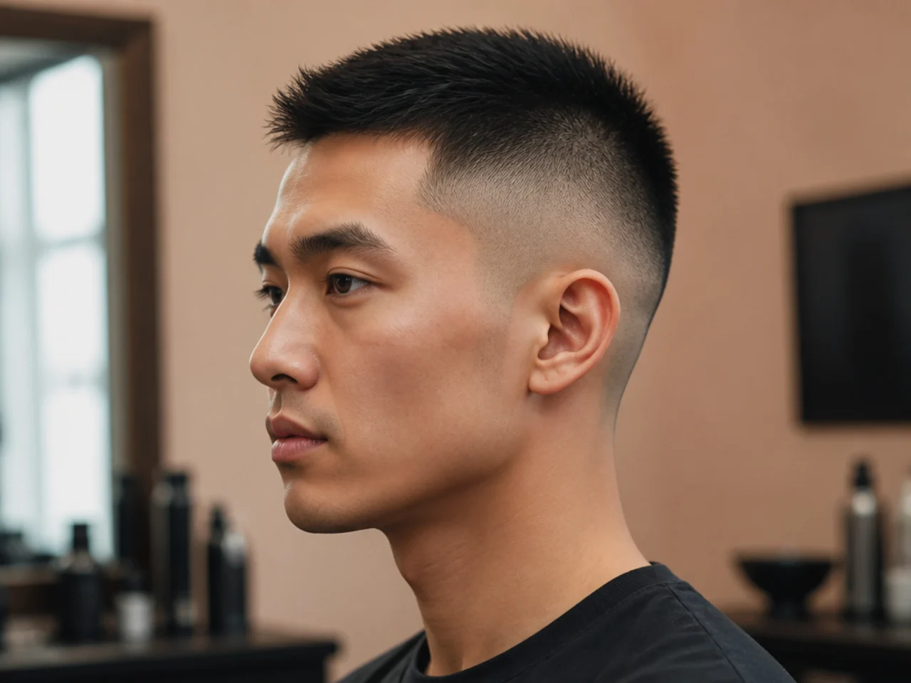 High-and-tight military haircut with scalp-close sides