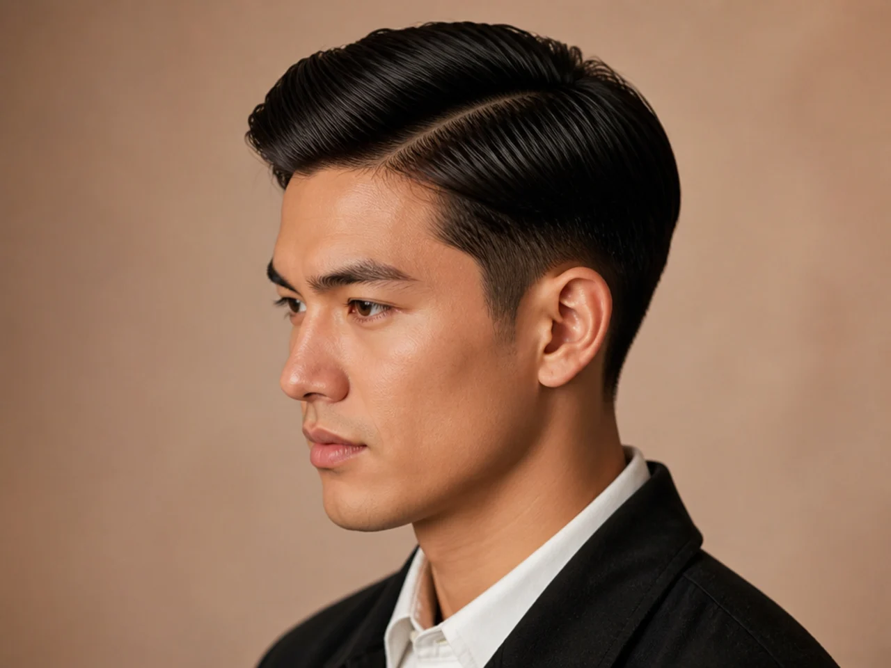 Regent haircut with deep pomade side part and thick top volume