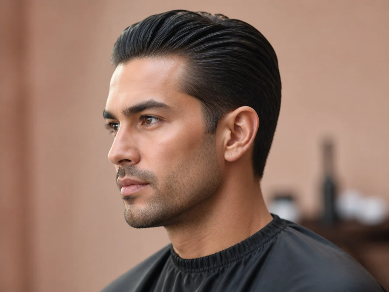 Classic slick back haircut combed straight back with shine pomade