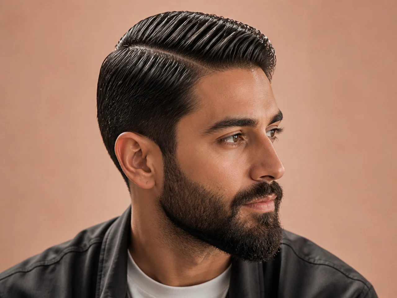 Slick side part paired with a full trimmed beard